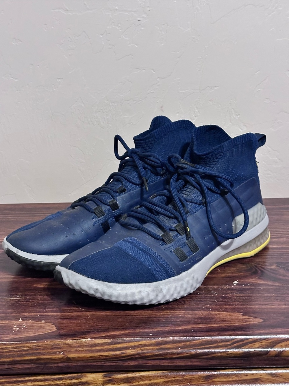 Under Armour Men's Navy Knit High-Top Athletic Sneakers with Yellow Accent